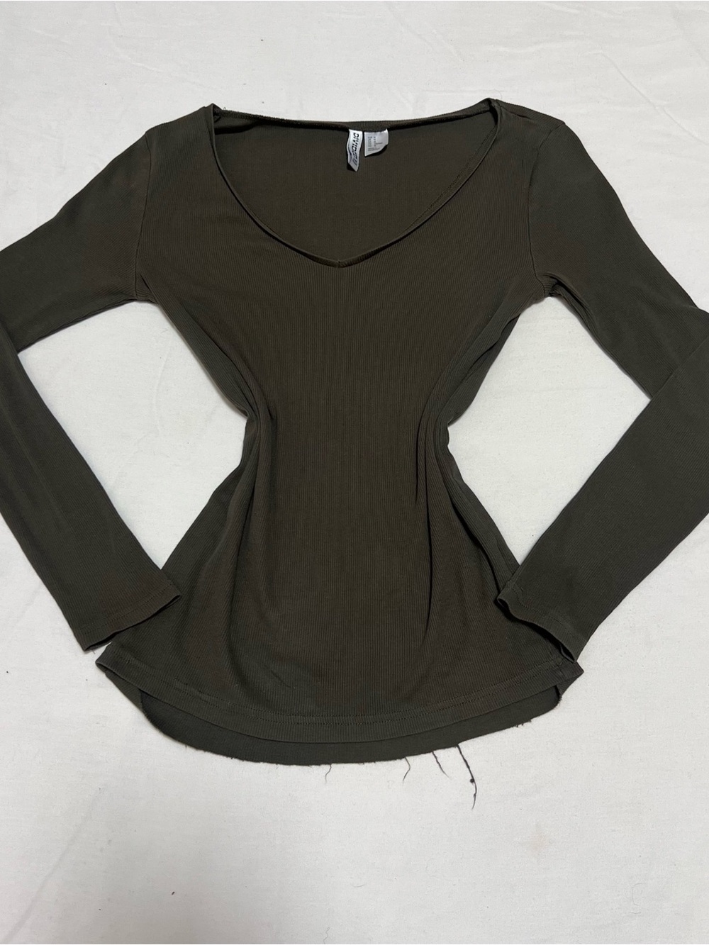 H&M Olive Ribbed Long-Sleeve V-Neck Top